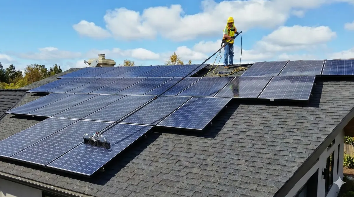 Professional solar panel technician performing maintenance inspection on residential rooftop solar installation