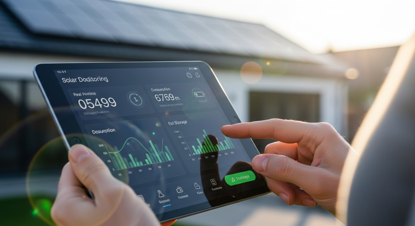 Homeowner viewing XSolar solar panel monitoring app on tablet to track energy production and system performance